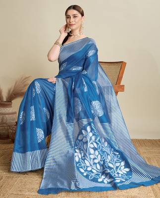 Blue floral print silk blend bollywood saree with blouse 2