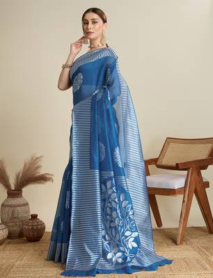 Blue floral print silk blend bollywood saree with blouse 3