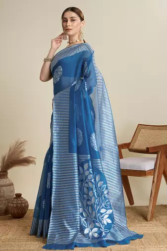 Blue floral print silk blend bollywood saree with blouse