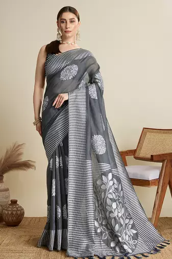 Grey floral print silk blend bollywood saree with blouse