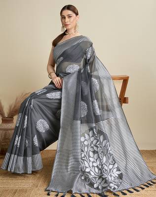 Grey floral print silk blend bollywood saree with blouse 2