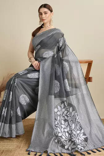 Grey floral print silk blend bollywood saree with blouse