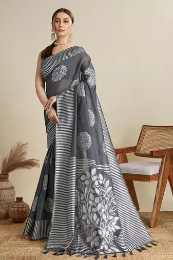 Grey floral print silk blend bollywood saree with blouse
