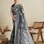 Grey floral print silk blend bollywood saree with blouse