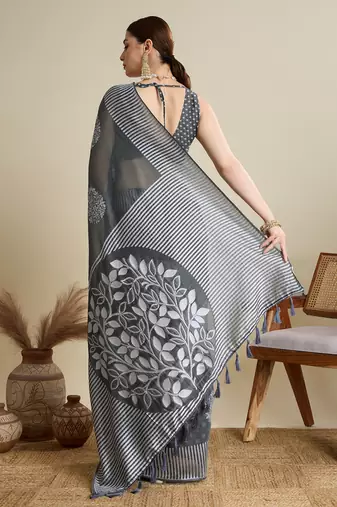Grey floral print silk blend bollywood saree with blouse
