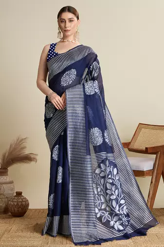 Navy blue floral print silk blend bollywood saree with blouse