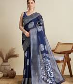 Navy blue floral print silk blend bollywood saree with blouse