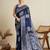 Navy blue floral print silk blend bollywood saree with blouse