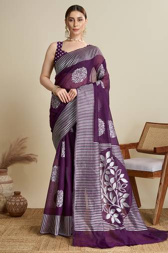 Purple floral print silk blend bollywood saree with blouse