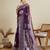 Purple floral print silk blend bollywood saree with blouse