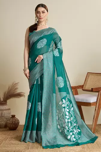Teal green floral print silk blend bollywood saree with blouse