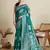 Teal green floral print silk blend bollywood saree with blouse