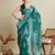Teal green floral print silk blend bollywood saree with blouse