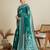 Teal green floral print silk blend bollywood saree with blouse