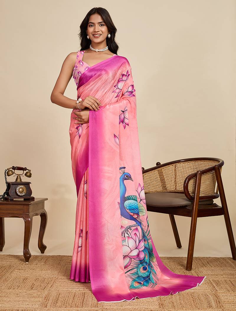 Pink floral print printed chinon bollywood saree with blouse