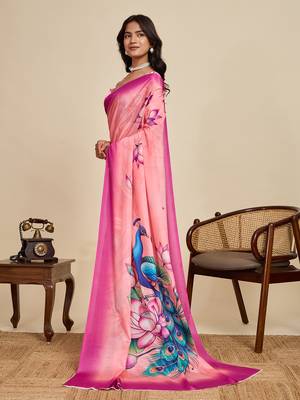 Pink floral print printed chinon bollywood saree with blouse 3