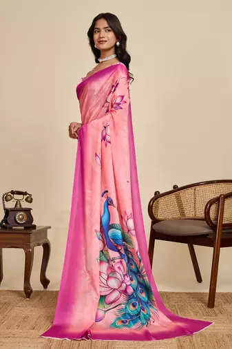 Pink floral print printed chinon bollywood saree with blouse