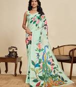 Pista green floral print printed chinon bollywood saree with blouse