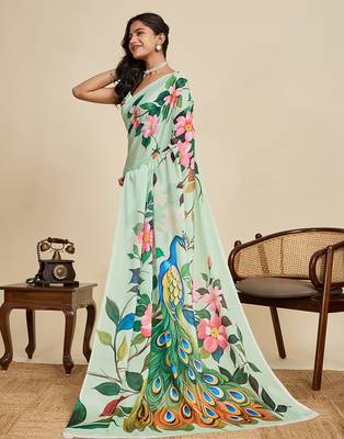 Pista green floral print printed chinon bollywood saree with blouse 3
