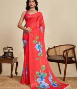 Red floral print printed chinon bollywood saree with blouse