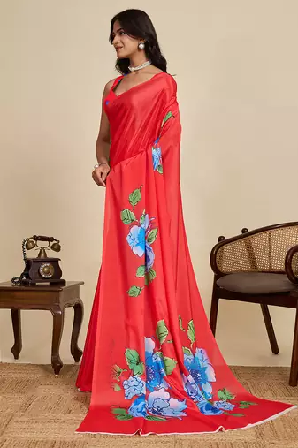 Red floral print printed chinon bollywood saree with blouse