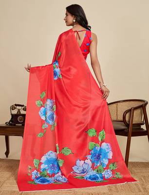 Red floral print printed chinon bollywood saree with blouse 4