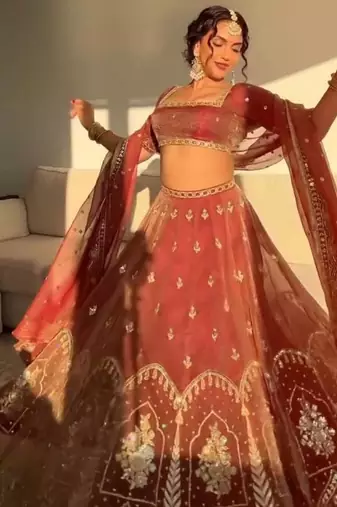 Dark Orange Color thread with Sequnce  Work Silk Lahenga Choli Set