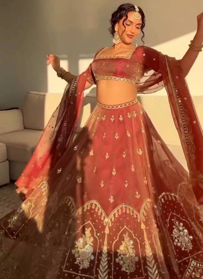 Dark Orange Color thread with Sequnce  Work Silk Lahenga Choli Set