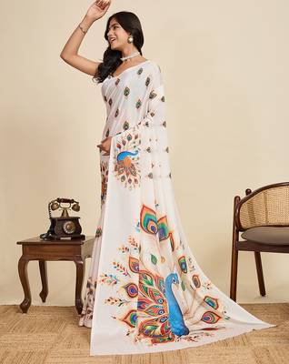 White floral print printed chinon bollywood saree with blouse 3