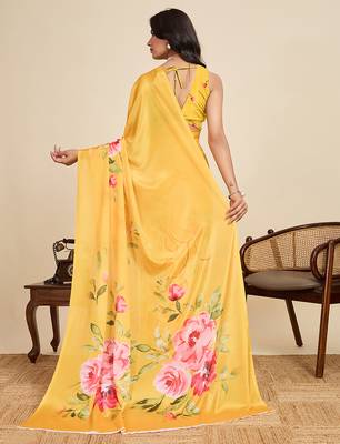 Yellow floral print printed chinon bollywood saree with blouse 4