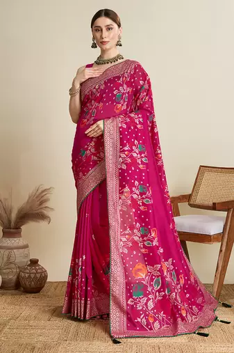 Pink printed floral print cotton silk bollywood saree with blouse