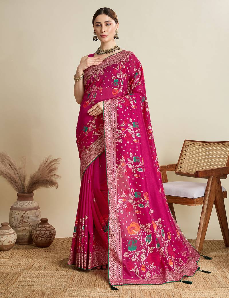 Pink printed floral print cotton silk bollywood saree with blouse