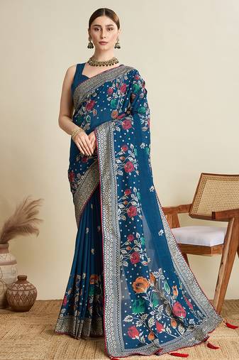 Teal blue printed floral print cotton silk bollywood saree with blouse