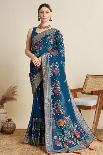 Teal blue printed floral print cotton silk bollywood saree with blouse