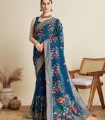 Teal blue printed floral print cotton silk bollywood saree with blouse