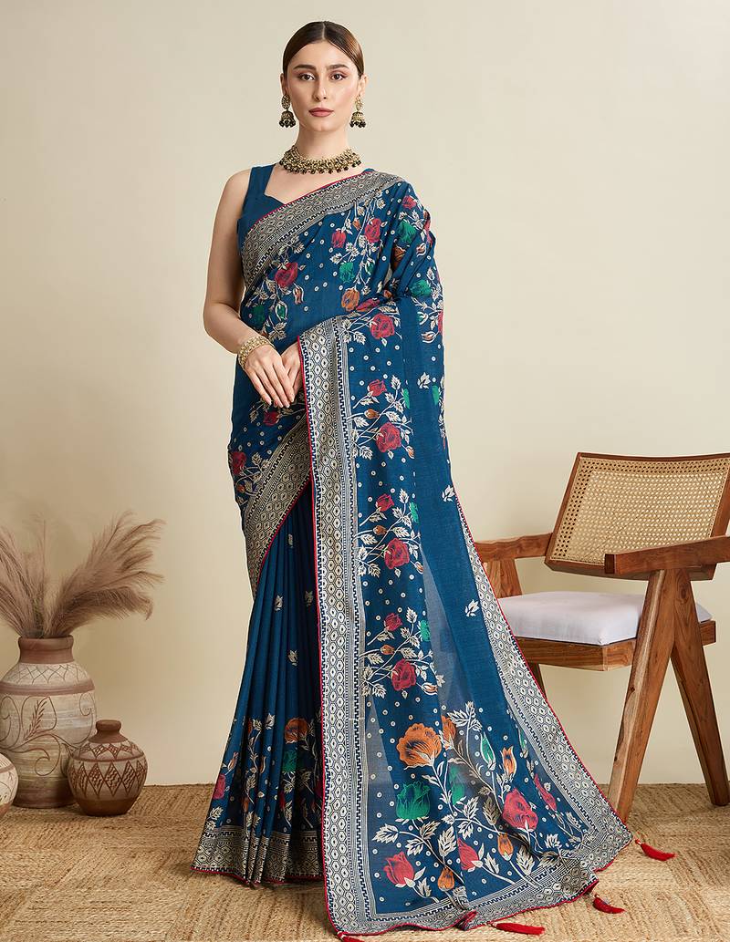 Teal blue printed floral print cotton silk bollywood saree with blouse