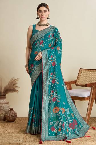 Teal green printed floral print cotton silk bollywood saree with blouse