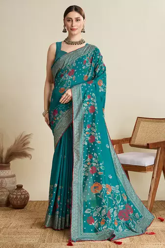 Teal green printed floral print cotton silk bollywood saree with blouse