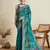 Teal green printed floral print cotton silk bollywood saree with blouse