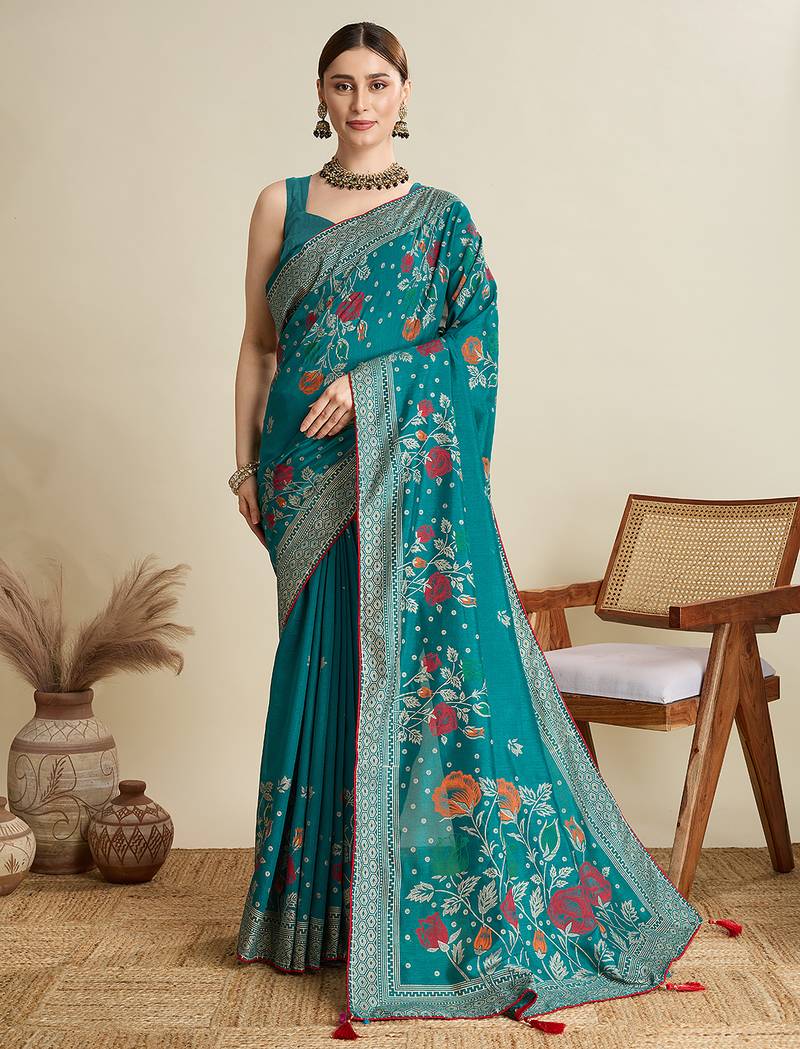 Teal green printed floral print cotton silk bollywood saree with blouse