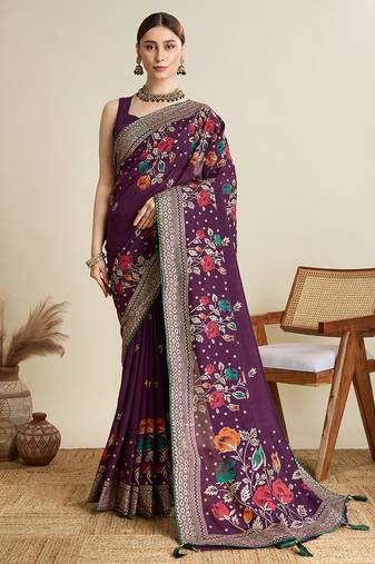 Wine printed floral print cotton silk bollywood saree with blouse