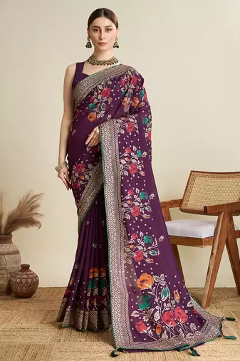 Wine printed floral print cotton silk bollywood saree with blouse