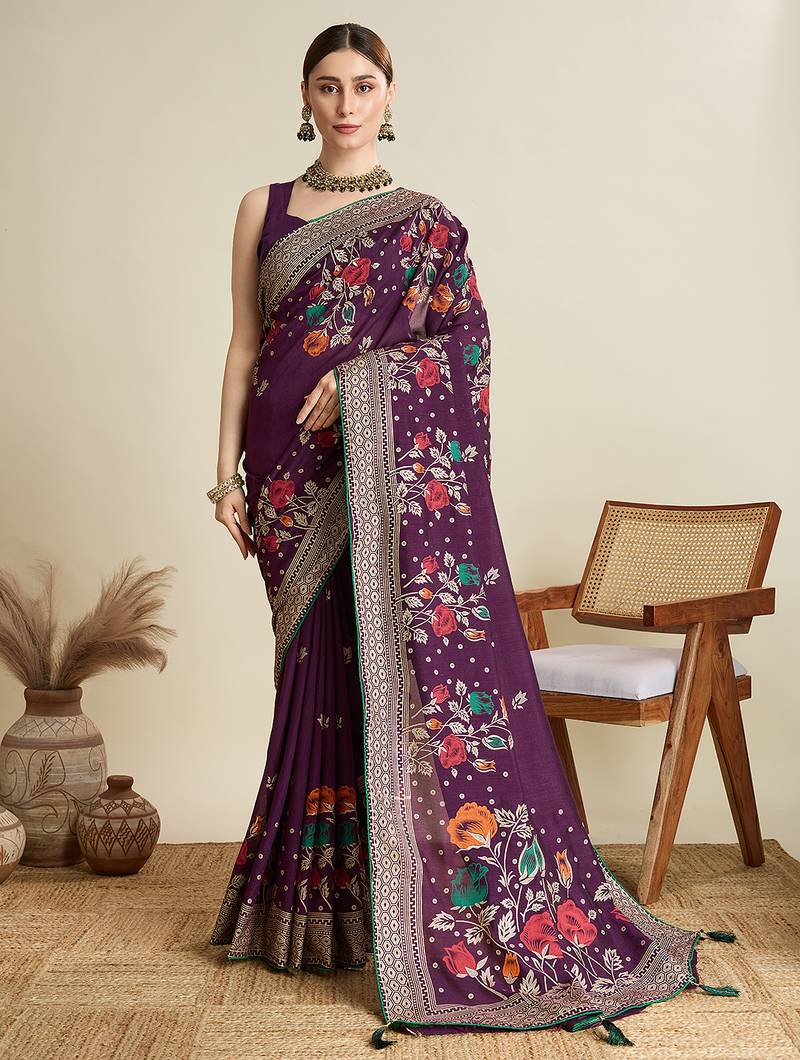 Wine printed floral print cotton silk bollywood saree with blouse