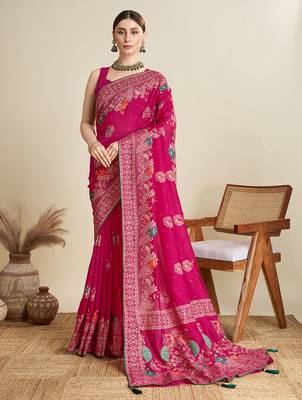 Pink printed floral print cotton silk bollywood saree with blouse 1