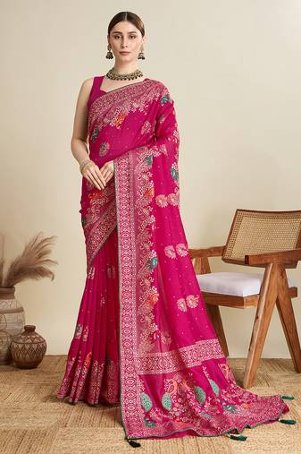 Pink printed floral print cotton silk bollywood saree with blouse