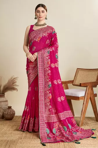 Pink printed floral print cotton silk bollywood saree with blouse