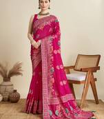 Pink printed floral print cotton silk bollywood saree with blouse