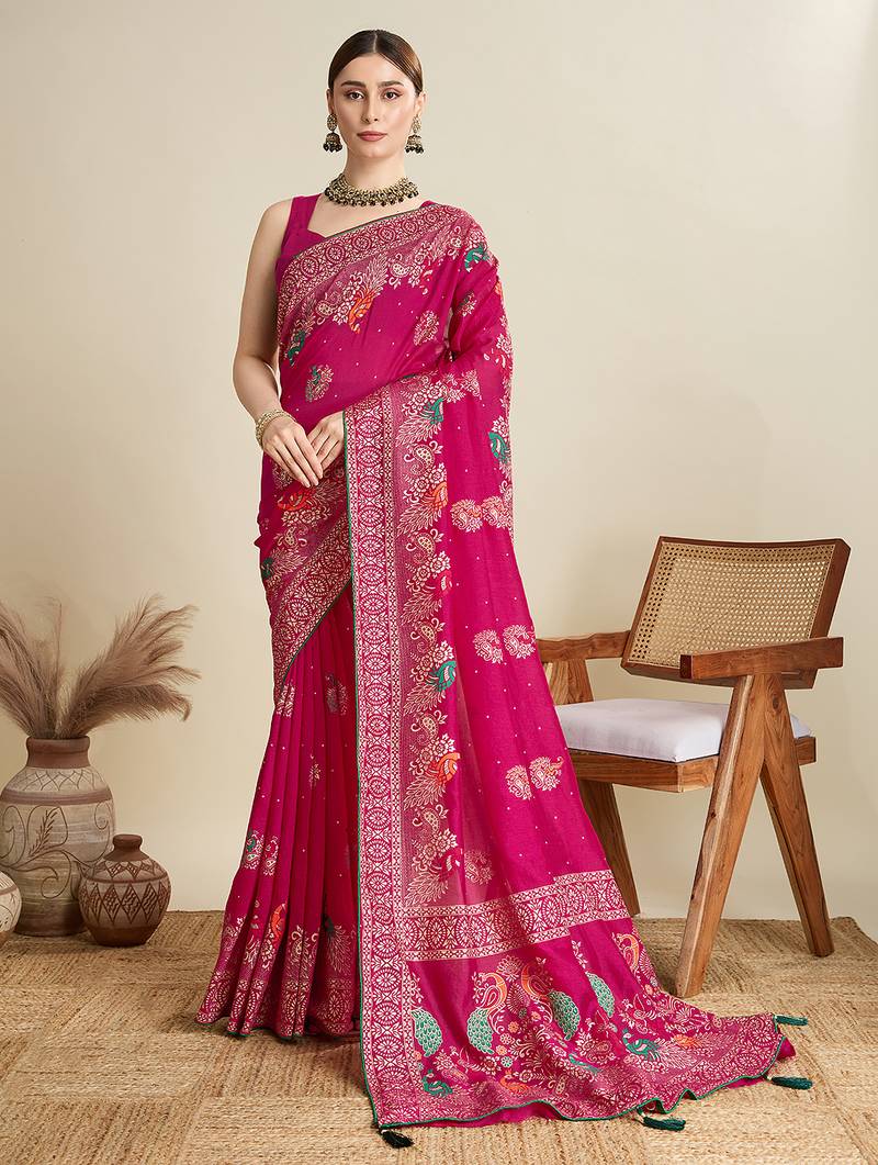 Pink printed floral print cotton silk bollywood saree with blouse