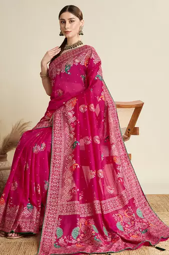 Pink printed floral print cotton silk bollywood saree with blouse