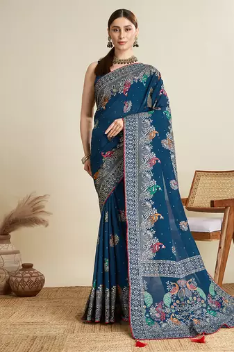 Teal blue printed floral print cotton silk bollywood saree with blouse